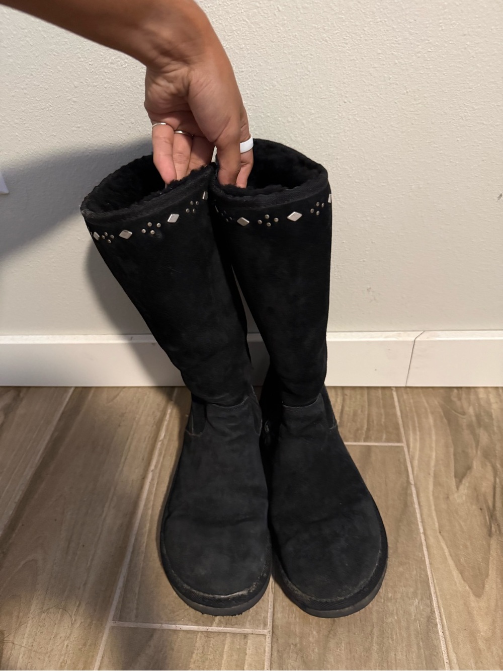 UGG Black Suede Mid-Calf Boots with Stud Accent